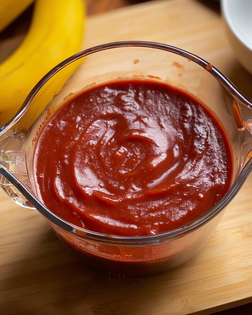 A clear glass jar filled with thick, shiny, deep red chili sauce that has small bits of seeds and chili inside, sitting on a wooden board. Around the jar, there are red and green chili peppers, some cut open showing seeds, and a couple of fresh white onions with green stalks in the background, all placed on a white marbled surface. In front of the jar, there is a cut banana with soft, pale yellow inside. The scene is brightly lit, highlighting the glossy texture of the sauce and fresh ingredients. photo taken with an iphone --ar 4:5 --v 7