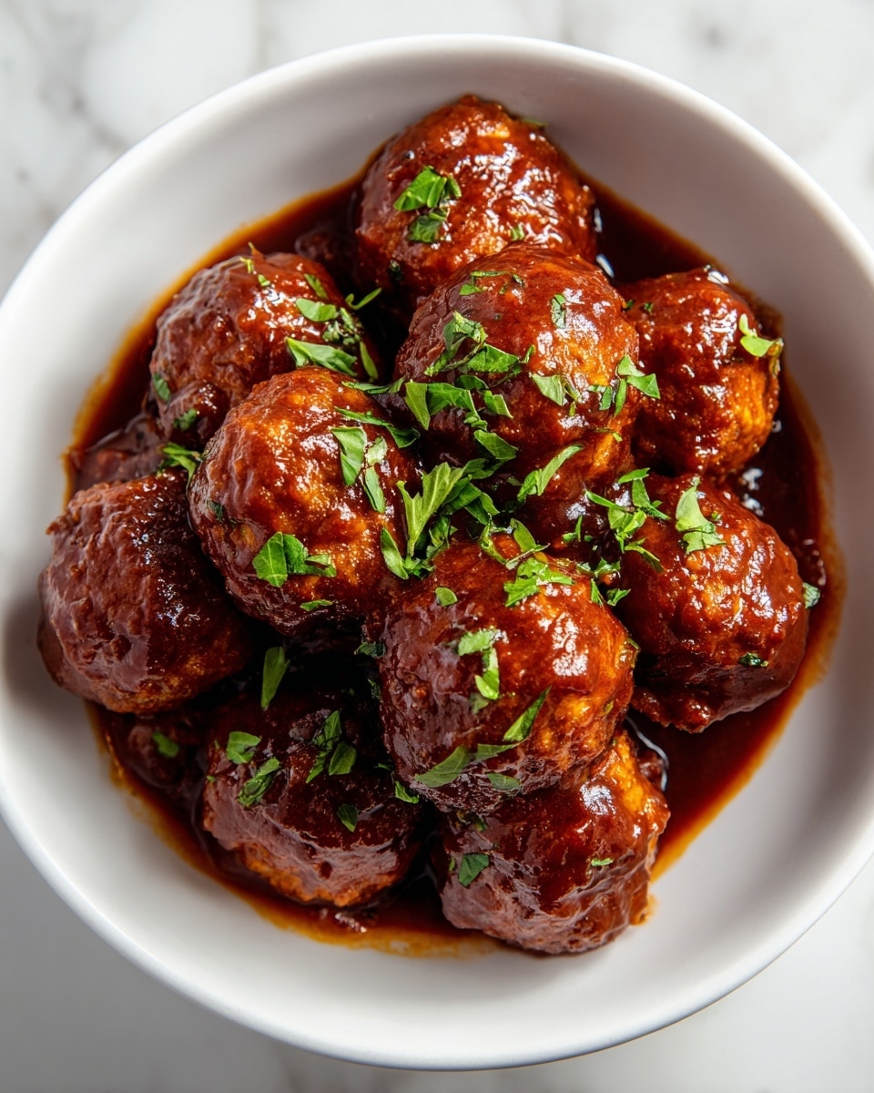 A white bowl filled with about two layers of round meatballs covered in a thick, glossy dark brown sauce that shines under the light; the meatballs have a slightly rough texture and are sprinkled with small pieces of fresh green herbs on top, all sitting on a white marbled surface. photo taken with an iphone --ar 4:5 --v 7