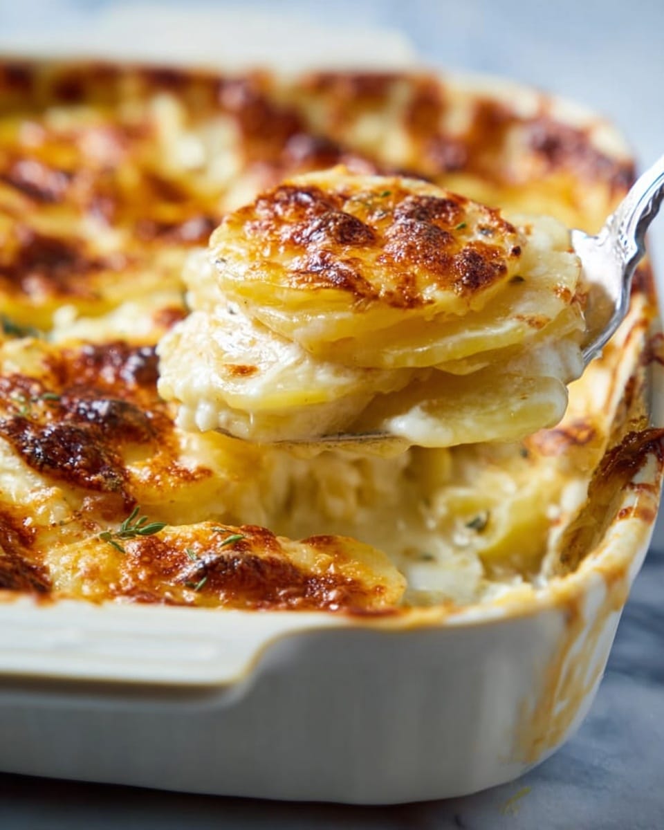A close-up of a white ceramic baking dish filled with a layered potato gratin. The dish shows multiple thin layers of creamy white potatoes with melted cheese on top, which is golden brown and slightly crispy in spots. A silver serving spoon lifts one portion, showing the soft, tender layers underneath the browned cheese crust. The background is a white marbled texture. photo taken with an iphone --ar 4:5 --v 7