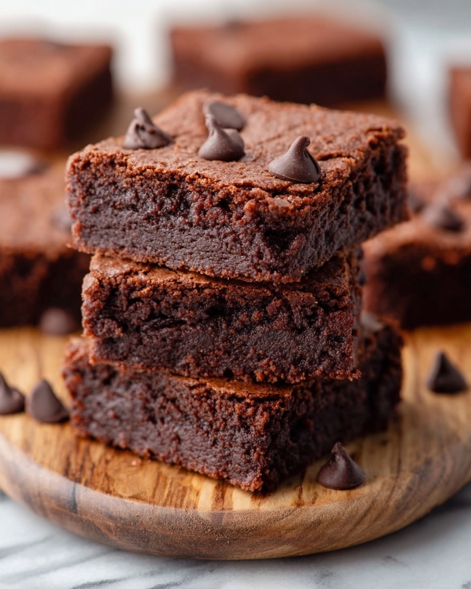 Three thick, square chocolate brownies are stacked one on top of the other. Each brownie has a rich, dark brown color with a slightly cracked top, showing a moist, dense, and fudgy texture inside. The edges of the brownies are firm and slightly crumbly, while the middle looks soft and smooth. The stack sits on a piece of white parchment paper on a white marbled surface, with a soft light coming from the back, highlighting the shiny crust on top. Photo taken with an iphone --ar 4:5 --v 7