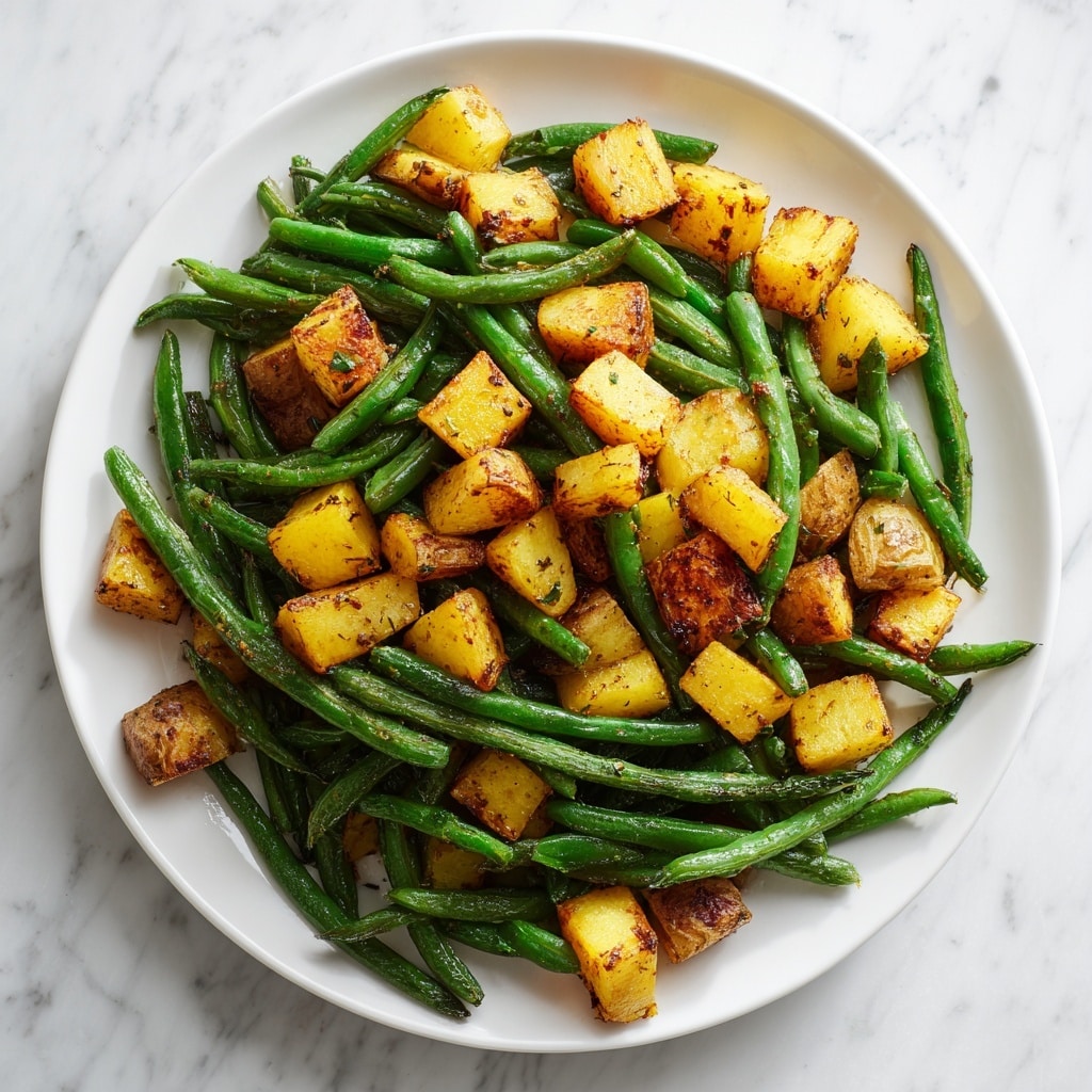 The image shows a white plate filled with a mix of green beans and golden-brown roasted potatoes. The green beans are whole, smooth, and bright green, positioned evenly throughout the plate. The roasted potatoes are cut into small cubes with crispy brown edges, adding a rough texture and warm yellow color contrast to the green beans. The dish looks well-coated with spices, with some visible specks of seasoning on the potatoes and beans. The plate is placed on a white marbled surface, giving a clean look to the background. photo taken with an iphone --ar 4:5 --v 7