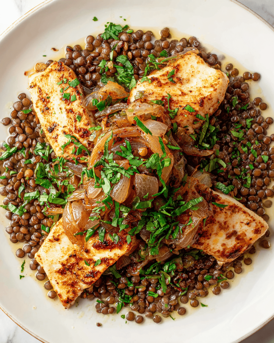 The dish is presented on a white plate with a base layer of cooked lentils, dark brown and round, spread evenly to cover most of the plate’s surface. On top of the lentils, there are three fillets of cooked fish, light golden-brown with some darker grilled marks, arranged in a triangle shape close together in the center. The fish fillets are topped with a thick layer of sautéed onions, caramelized to a light brown color with slightly crispy edges. Chopped fresh green herbs are scattered generously over the onions and fish, adding a fresh contrast in color. The plate sits on a white marbled texture surface. photo taken with an iphone --ar 4:5 --v 7