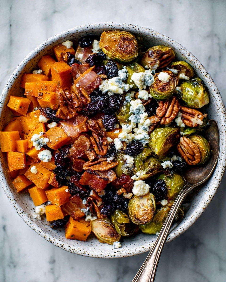 A white speckled bowl filled with a roasted vegetable and nut dish, featuring three visible layers: the base layer has bright orange roasted cubes of butternut squash and golden-brown roasted Brussels sprouts cut in half, the middle layer includes crispy pieces of browned bacon and whole pecans scattered around, and the top layer is sprinkled with white crumbles of blue cheese and dried dark berries, all placed on a white marbled surface with a tarnished silver spoon resting on the right side of the bowl, photo taken with an iphone --ar 4:5 --v 7