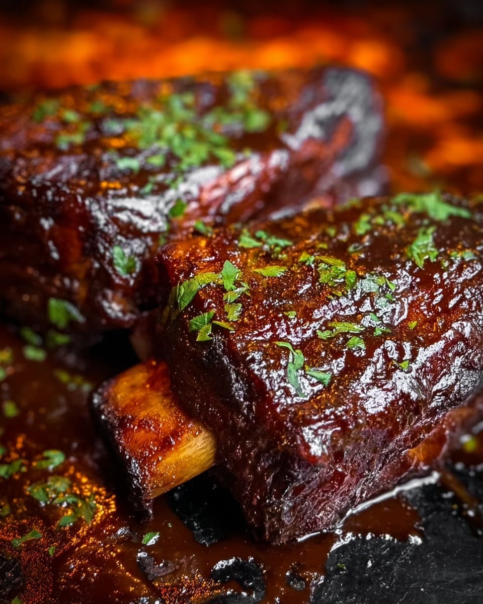 The image shows two large pieces of BBQ ribs with glistening dark brown sauce, covered in chopped green herbs, sitting closely together on a shiny surface with deep orange and black hues that suggest a hot grill or pan. The ribs have crispy edges and shiny, rich texture from the sauce coating, showing some char marks. The background is a white marbled texture, making the ribs and sauce stand out brightly. Photo taken with an iphone --ar 4:5 --v 7