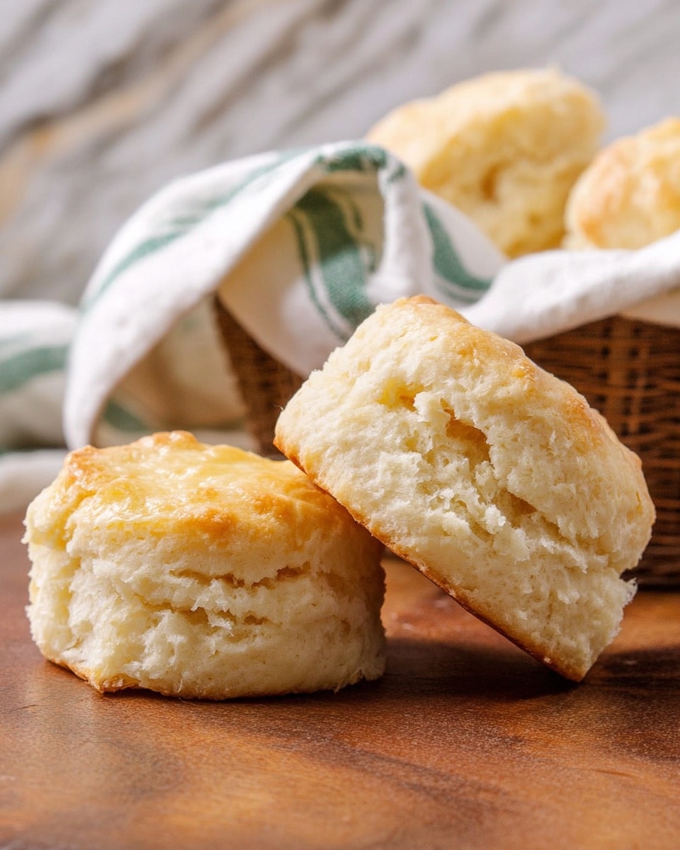 The image shows two soft, light golden biscuit halves placed on a wooden surface with a white marbled texture in the background. Each biscuit has a fluffy, crumbly inside with a slightly shiny and smooth top layer that is a gentle golden brown, suggesting they were freshly baked. Behind these biscuits, there is a basket lined with a white cloth that has green stripes, holding more similar biscuits. The texture of the biscuits highlights their tender and airy quality. photo taken with an iphone --ar 4:5 --v 7