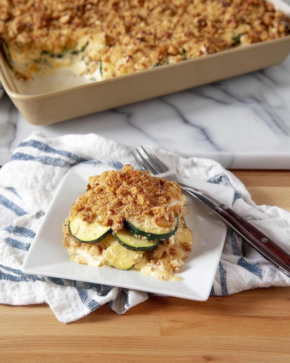 A square white plate holds a single serving of a layered casserole with three visible layers: the bottom layer is creamy and pale yellow, the middle layer shows slices of green zucchini, and the top layer is thick and golden brown with a crumbly texture mixed with small nut pieces. Behind the plate, a beige baking pan filled with the casserole sits on a white marbled surface, the pan topped with the same crumbly golden layer. To the right of the plate is a metal fork with a dark wooden handle resting on a crumpled white cloth with blue stripes. Photo taken with an iphone --ar 4:5 --v 7