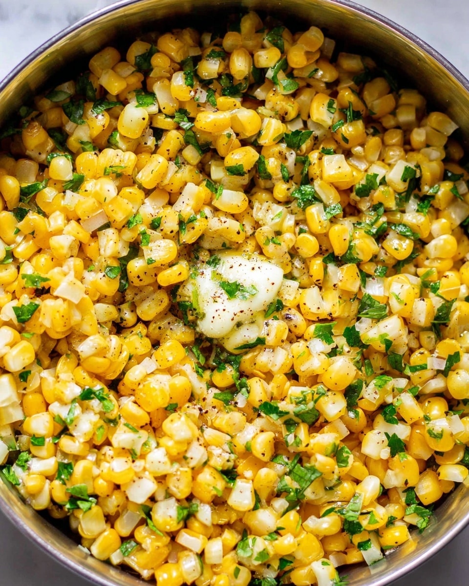 A close-up of a bowl filled with cooked yellow corn kernels mixed with small green parsley pieces, seasoned with coarse black pepper and small bits of melted butter spread unevenly on top. The corn looks soft and glossy, filling the white bowl almost to the top. The bowl sits on top of another white bowl, both placed on a white marbled surface. Photo taken with an iphone --ar 4:5 --v 7