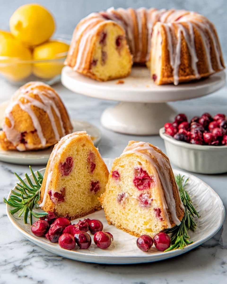A slice of bundt cake with visible layers of soft yellow cake and red berry pieces inside sits on a white plate, showing a moist texture. The cake is light brown on the outside with a thin drizzle of white icing and a darker sauce on top. Several whole cake pieces remain on a white cake stand behind the plate, also topped with icing and sauce. In the foreground, red berries and bright green rosemary are placed beside the slice. The background shows a bowl of lemons and a small white bowl filled with berries, all on a white marbled surface. Photo taken with an iphone --ar 4:5 --v 7