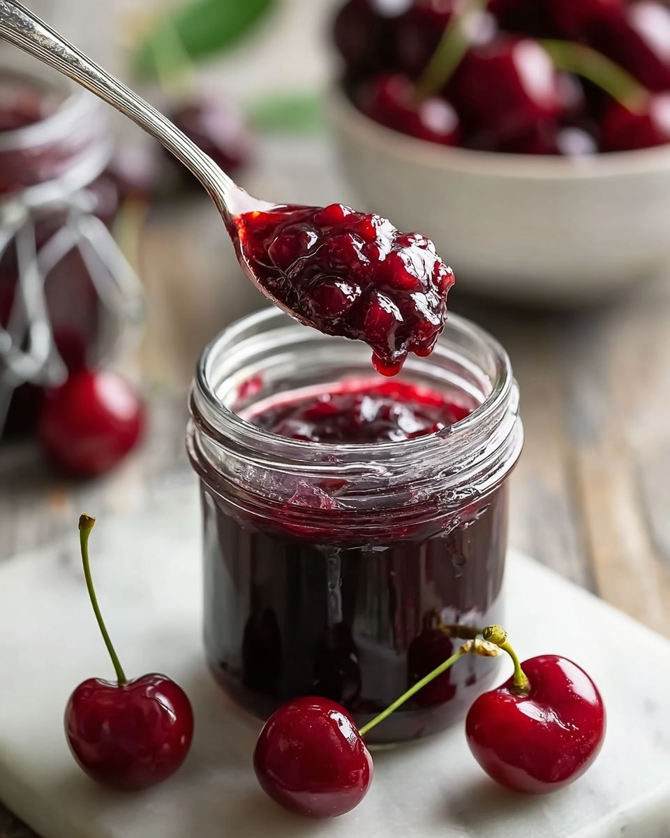 A small clear glass jar is filled with thick, dark red cherry jam that has visible pieces of fruit giving it a textured look. A silver spoon, held close above the jar, scoops out a generous amount of the glossy jam, showing its chunky texture and deep red color. Around the jar on a white marbled surface are a few fresh, shiny cherries with green stems attached, adding a fresh touch to the scene. The background is softly blurred with hints of a white bowl filled with more cherries and a tied jar in the distance. photo taken with an iphone --ar 4:5 --v 7