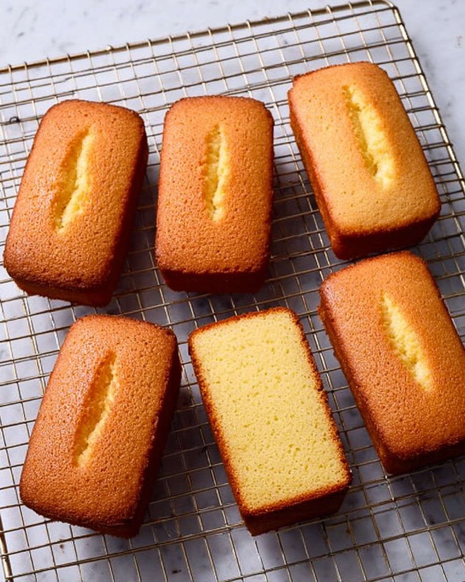 Eight small rectangular sponge cakes are arranged loosely on a square wire cooling rack. Each cake has a golden brown crust with a slightly darker, more browned edge, while the center is a lighter yellow with a soft, airy texture. The cakes have a slight dome shape on top with a gentle crack running along the middle. The background is a white marbled surface visible beneath the rack, adding a clean and simple touch to the scene. Photo taken with an iphone --ar 4:5 --v 7