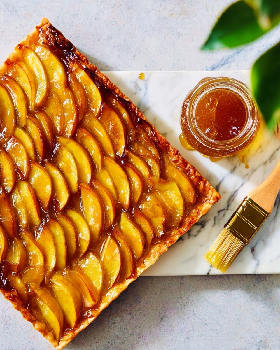 A square-shaped tart with one visible layer topped with evenly arranged golden, thin apple slices that have a shiny, caramelized glaze, creating a glossy and slightly sticky texture, sits on a white marbled rectangular board. Next to the tart, there is an open glass jar filled with amber-colored jelly or syrup, and a wooden brush with its bristles coated in the jelly rests on the jar. A green leaf is partially visible in the upper right corner, and the whole scene is set on a white marbled surface. photo taken with an iphone --ar 4:5 --v 7