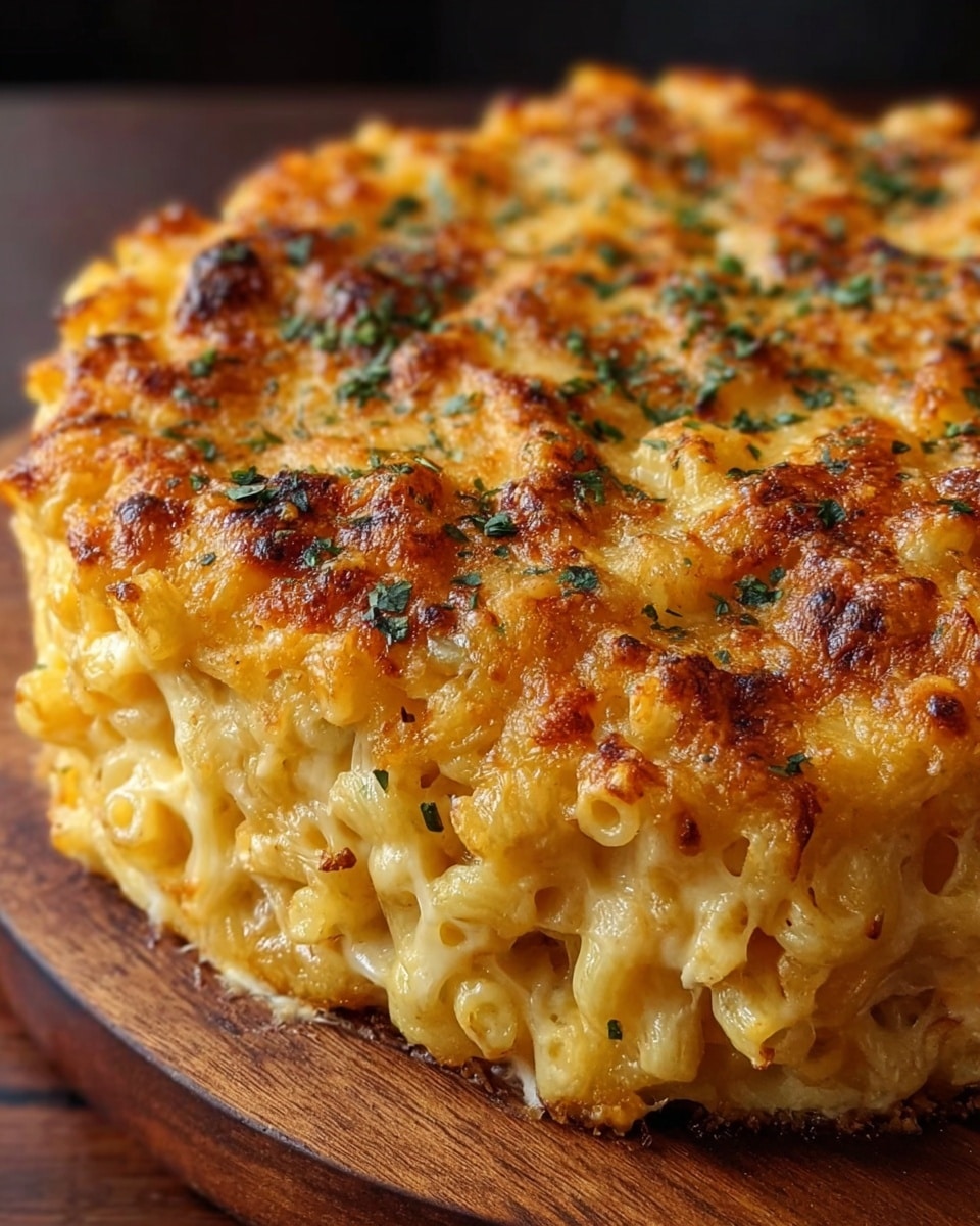 The image shows a close-up of a thick, round macaroni and cheese cake sitting on a wooden board. The bottom layer is tightly packed macaroni pasta covered in creamy melted cheese. The middle layer is gooey and stringy cheese that stretches slightly between the macaroni. The top layer is golden-brown baked cheese with a crispy, slightly crunchy texture and specks of green herb garnish scattered across the surface. The cheese on top has small browned spots, giving a baked and toasted look. Photo taken with an iphone --ar 4:5 --v 7