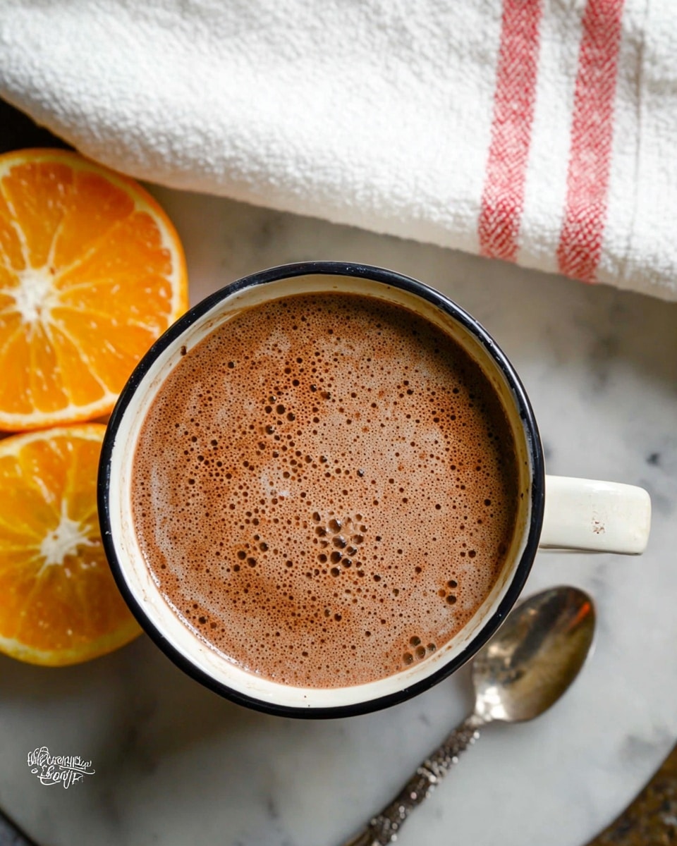 The image shows a top view of a white cup with a black rim filled with frothy light brown hot chocolate. The cup is placed on a white marbled surface with a few bright orange slices below it on the left side. A silver spoon with a decorative handle lies next to the cup on the right. In the background, part of a white kitchen towel with two red stripes is visible. photo taken with an iphone --ar 4:5 --v 7
