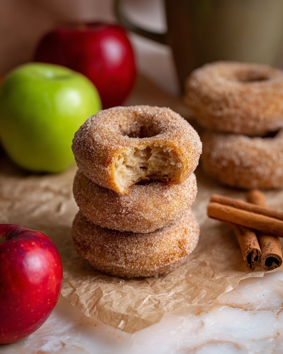 The image shows a stack of two sugar-coated cinnamon donuts in the center, with one donut on top having a bite taken out revealing a soft, light brown inside texture. Behind them are three more donuts slightly blurred, all coated with sugar and cinnamon, lying flat on a crinkled brown paper. To the left, near the bottom corner, is a shiny red apple, and further back on the same plane stands a green apple. On the right, a small bundle of cinnamon sticks rests diagonally on the brown paper. The entire setup is on a white marbled surface with a soft focus on background elements like a ceramic mug partly visible. photo taken with an iphone --ar 4:5 --v 7