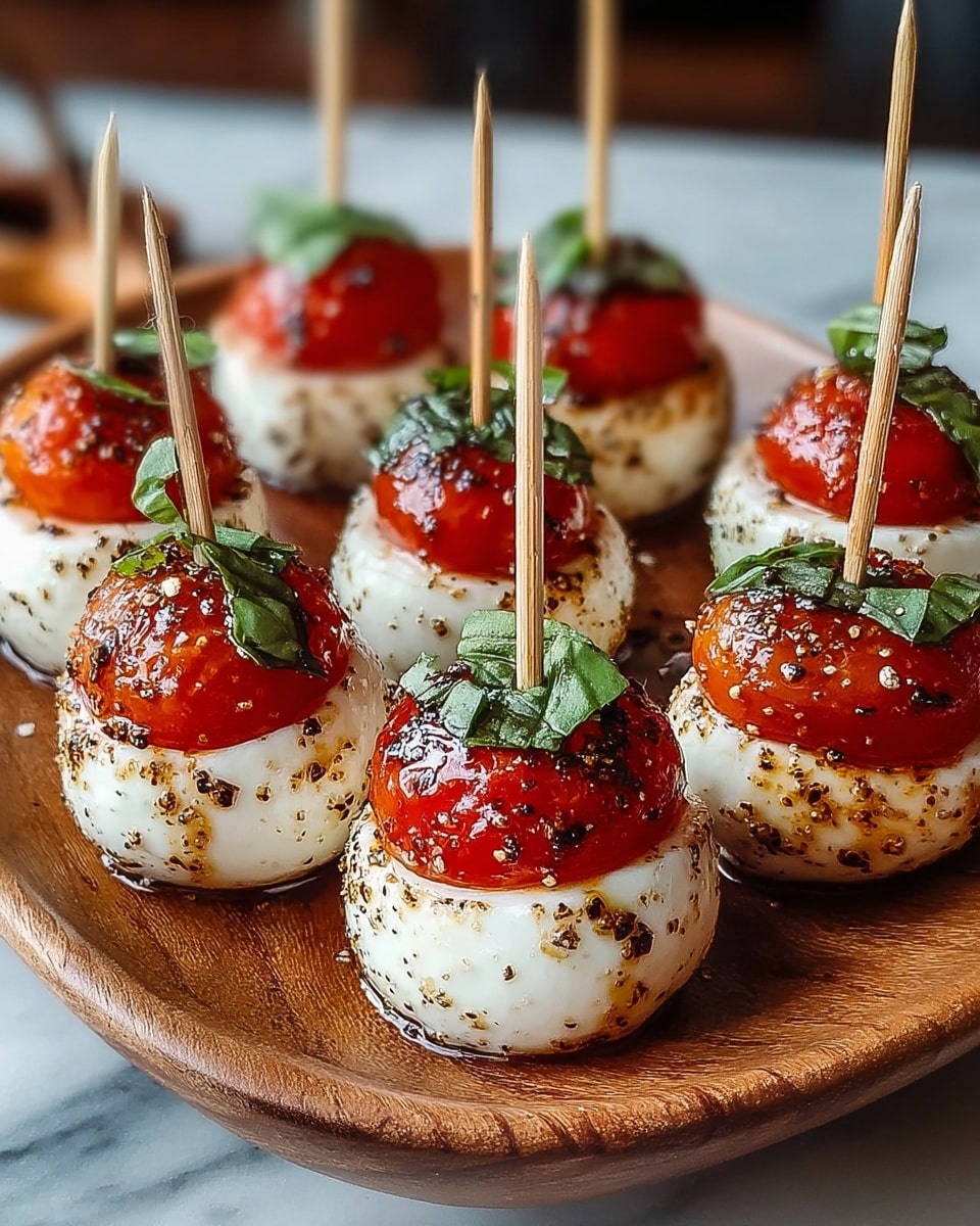 The image shows eight small appetizer bites arranged closely on a wooden plate. Each bite has two layers: the bottom layer is a white, slightly charred, round mozzarella cheese ball with some black seasoning specks, and the top layer is a bright red cherry tomato half. Each stack is topped with small fresh green basil leaf pieces, lightly sprinkled with coarse sea salt. A wooden toothpick pierces through the center of each bite, holding the two layers together. The wooden plate rests on a white marbled surface. photo taken with an iphone --ar 4:5 --v 7