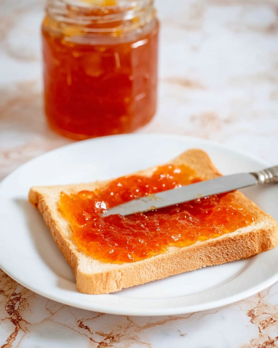 A single slice of light brown toasted bread lies flat on a white plate, covered evenly with a shiny, bright orange jam layer that has a slightly chunky texture. On top of the toast, a silver knife is positioned diagonally, partially resting on the jam. In the background, a clear glass jar filled with the same orange jam stands upright. The setup is placed on a white marbled surface with soft patterns visible around the plate. photo taken with an iphone --ar 4:5 --v 7