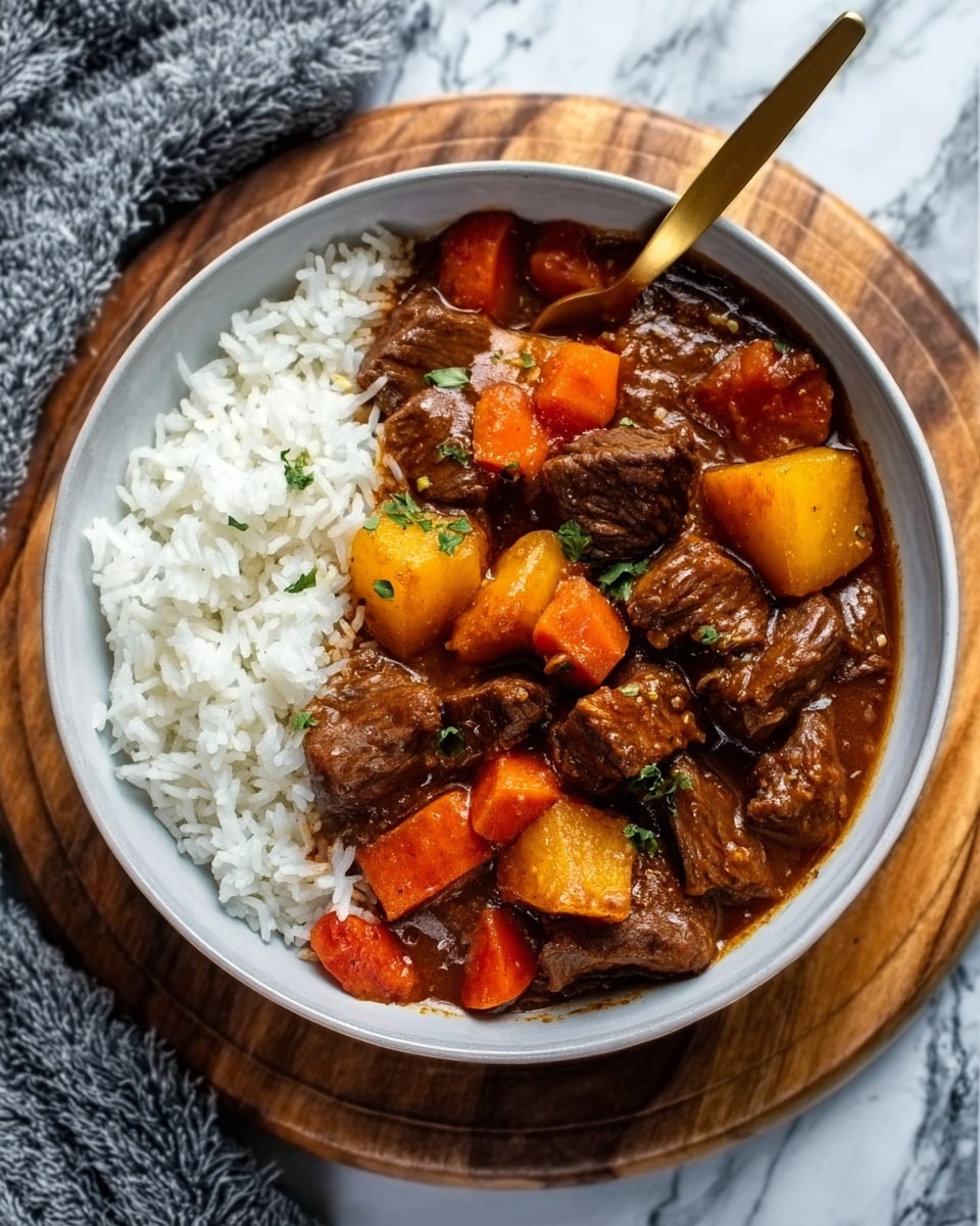 A white bowl filled with white rice on one side and a rich brown beef stew on the other. The stew has thick, tender chunks of beef mixed with large pieces of orange carrot and yellow potato, all covered in a glossy, dark brown sauce. The bowl sits on a wooden round board, with a gold spoon dipped into the stew. The background is a white marbled texture with some grey fabric visible near the bowl. Photo taken with an iphone --ar 4:5 --v 7
