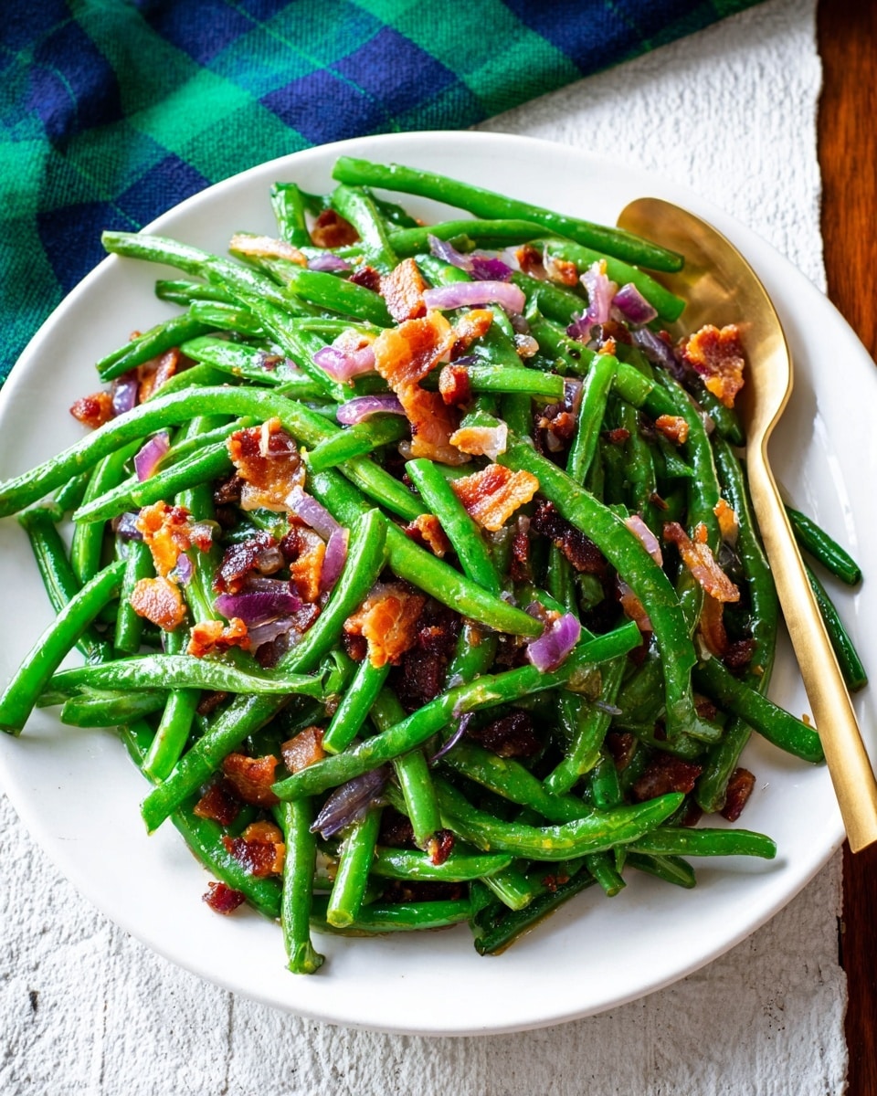 A white plate filled with bright green cooked green beans mixed with small pieces of crispy orange-red bacon and bits of cooked purple onions, all glossy with a light sauce. A golden spoon rests on the right side of the plate, partially under the green beans. The plate is placed on a white marbled textured surface with a green and blue checkered cloth in the background. photo taken with an iphone --ar 4:5 --v 7