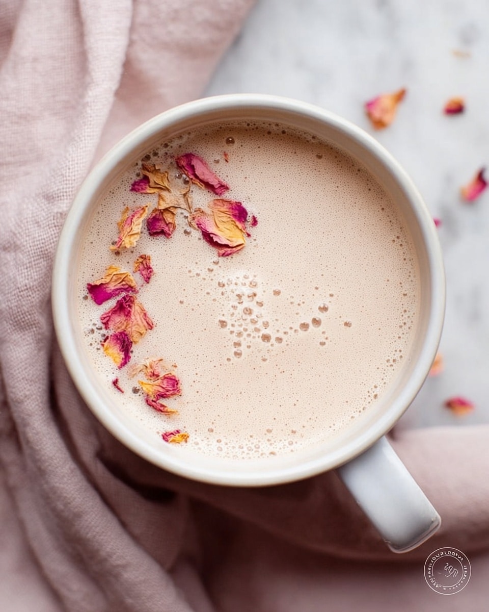 A close-up top view of a creamy light beige drink in a white cup is shown. The drink has a smooth foam layer with tiny bubbles on top. Scattered on the foam are dried rose petals in shades of pink, red, and orange, adding a splash of color. The cup is placed on a soft, slightly wrinkled light pink cloth, and the background is a white marbled texture. photo taken with an iphone --ar 4:5 --v 7
