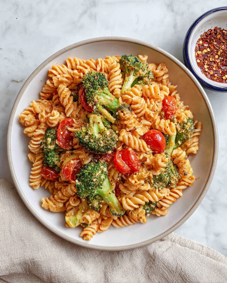 The image shows a white round plate filled with three main layers: the bottom layer is made of rotini pasta with a light orange sauce, the middle layer contains bright green broccoli florets mixed throughout, and the top layer has sliced red cherry tomatoes and some small bits of herbs or spices scattered over the dish. To the upper right side of the plate, there is a small white bowl with a dark blue rim, filled with crushed red pepper flakes. The plate sits on a white marbled surface with part of a beige cloth visible near the bottom right corner. Photo taken with an iphone --ar 4:5 --v 7