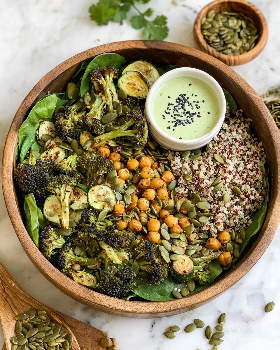 A large wooden bowl filled with a colorful layered salad sits on a white marbled surface. The bottom layer is fresh green spinach leaves, topped with a mix of cooked quinoa in white and red colors, scattered roasted chickpeas, and slices of cooked zucchini with a golden brown edge. On top are many pieces of roasted broccoli with a slight char, sprinkled with light green pumpkin seeds. Inside the bowl is a small white bowl filled with creamy green dressing, topped with black sesame seeds. Around the large bowl are fresh cilantro leaves on a wooden board and a small wooden bowl full of pumpkin seeds with some seeds spilled on the surface. Photo taken with an iphone --ar 4:5 --v 7
