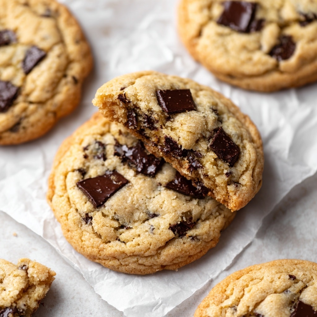 A close-up view of several soft, round cookies with a light golden-brown color and smooth, slightly cracked tops, each topped with two or three large, dark chocolate chips that contrast with the warm cookie color. One cookie is broken in half and stacked on another, revealing a chewy interior with melted chocolate chunks scattered inside. The cookies rest on white crinkled parchment paper on a white marbled surface in soft natural light, adding a fresh and cozy feel to the scene. photo taken with an iphone --ar 4:5 --v 7