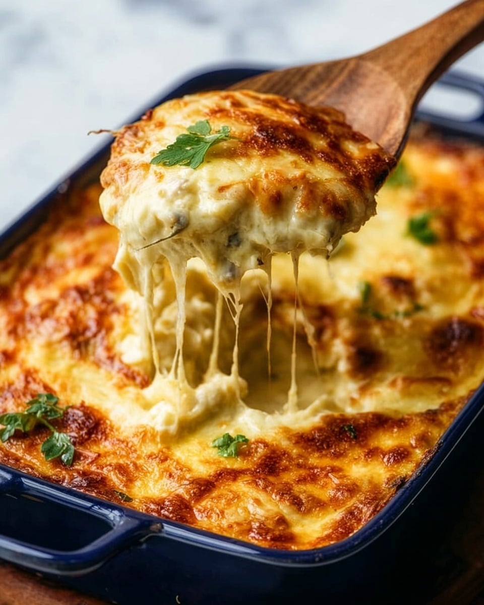 The image shows a golden brown baked dish in a dark blue baking dish, with the top layer melted cheese that is bubbly and slightly crisp around the edges. A wooden spoon lifts a portion, revealing strings of gooey, melted cheese stretching from the dish. The dish appears creamy and thick underneath the cheese layer, with hints of herbs scattered on top for garnish. The background is a white marbled texture, giving a clean and simple look. Photo taken with an iphone --ar 4:5 --v 7