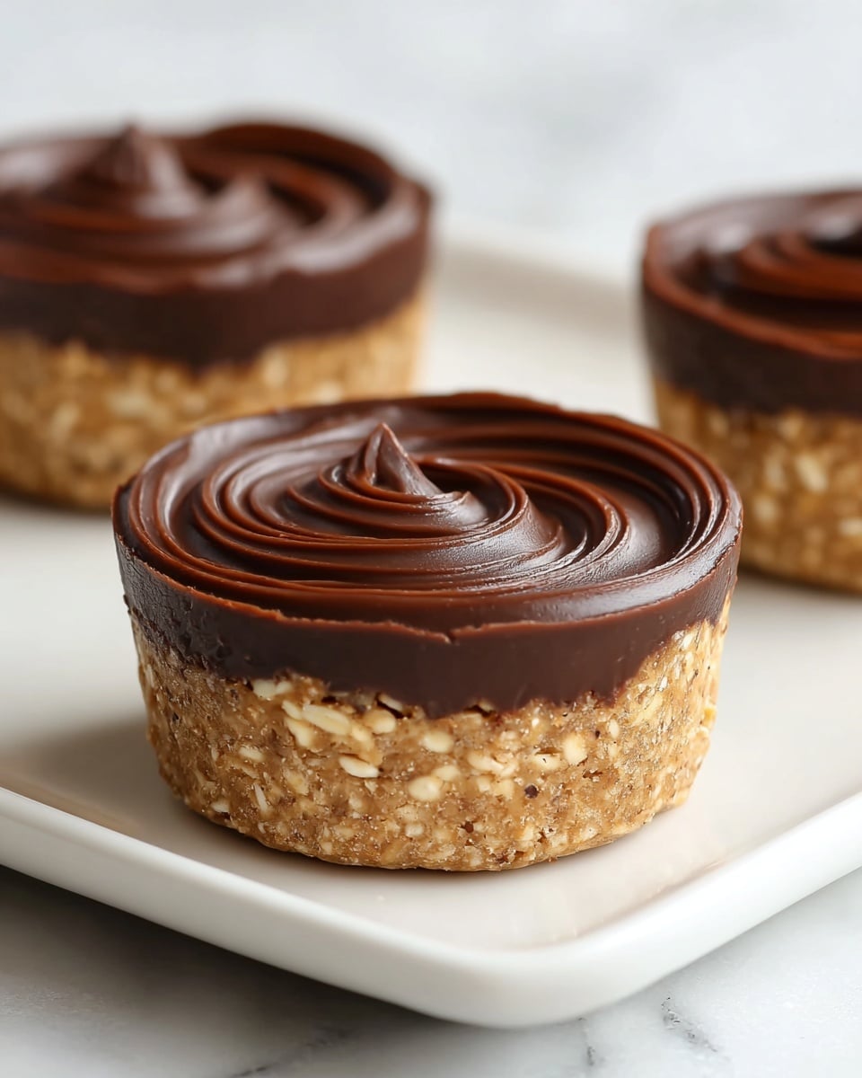The image shows a close-up of a small dessert cup made from a textured beige base that looks like a mix of oats or nuts, forming the bottom and sides, with a smooth and glossy thick layer of dark chocolate swirled on top. The chocolate has a slightly rippled surface with curved patterns and some small cracks along the edges where it meets the textured base. The dessert is placed on a white plate with a square shape, sitting on a white marbled surface. In the background, two more similar dessert cups are visible but out of focus. photo taken with an iphone --ar 4:5 --v 7