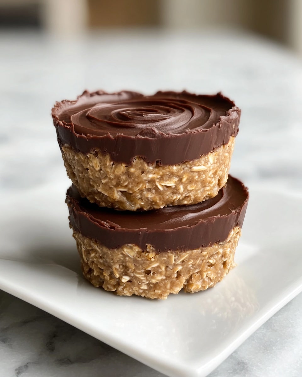 Two small, round treats stacked on top of each other are shown on a white square plate resting on a white marbled surface. Each treat has two layers: a thick bottom layer of light brown, textured oat mixture with visible oats, and a smooth, dark brown chocolate layer on top with slight swirls. The chocolate layer looks firm and glossy, slightly overhanging the sides in some places. Photo taken with an iphone --ar 4:5 --v 7