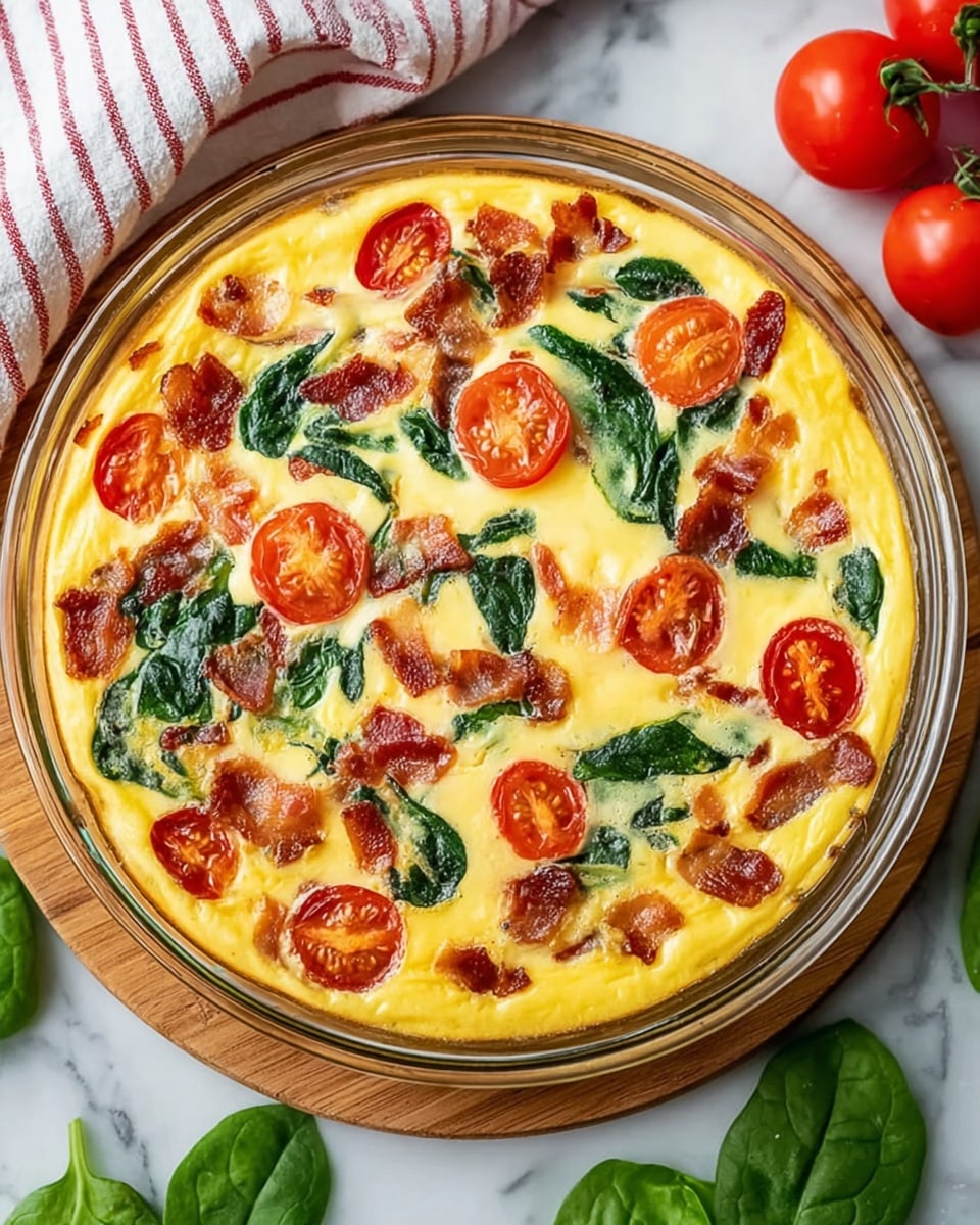 A round, clear glass dish holds a baked frittata with a smooth, yellow egg base. On the surface, there are evenly spread cherry tomato halves in bright red, wilted dark green spinach leaves, and small pieces of cooked bacon in reddish-brown with a crispy texture. The dish rests on a wooden board placed on a white marbled surface. Near the dish, fresh deep green spinach leaves are scattered and bright red tomatoes are visible in the top right corner. A white and red-striped cloth is partially seen at the top left. photo taken with an iphone --ar 4:5 --v 7