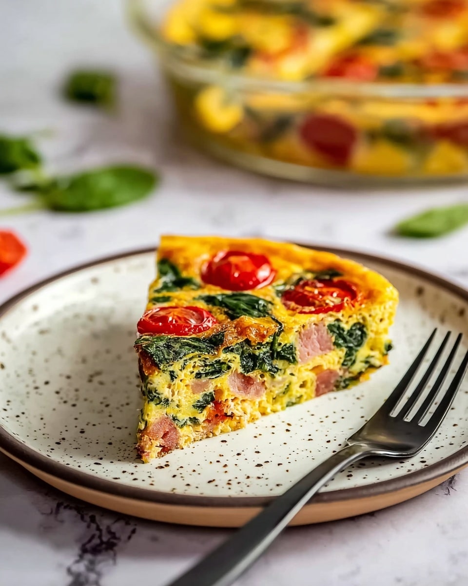 A single slice of frittata sits on a white plate with a speckled pattern and a thin dark rim. The frittata has three main layers, starting with a yellow egg base mixed with green spinach leaves and pink chunks of ham or bacon throughout. The top layer features bright red cherry tomato halves and cooked spinach, giving a vibrant mix of red, green, and yellow colors. The texture looks fluffy and soft with visible pieces of vegetables and meat embedded in it. A black fork lies to the right of the slice on the plate. In the blurred background, the rest of the frittata is visible in a clear glass baking dish with similar ingredients, and a few green spinach leaves are scattered on a white marbled surface. photo taken with an iphone --ar 4:5 --v 7