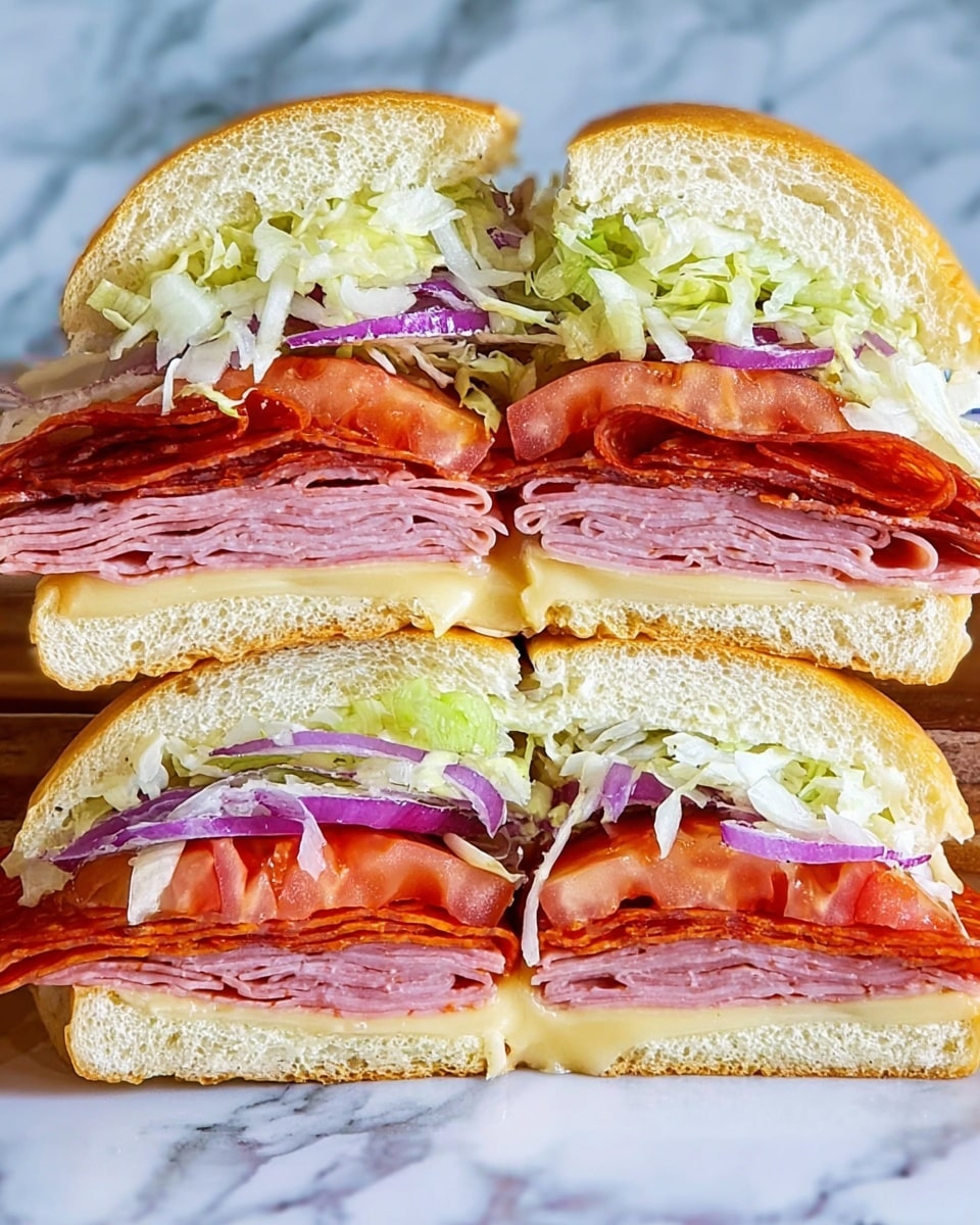 The image shows a cut sandwich with six distinct layers on a white sandwich bun. The bottom layer is a soft, light beige sandwich bun. Above it is a layer of smooth, pale yellow cheese. On top of the cheese, there are several thin slices of pink deli meat with a slightly glossy texture. Above the meat is a layer of thin, reddish-orange slices of another deli meat looking like pepperoni. Next is a layer of shredded light green lettuce mixed with thin slices of purple onion. The top layer consists of vibrant red tomato slices. The sandwich halves reveal these layers clearly against a white marbled surface background. photo taken with an iphone --ar 4:5 --v 7