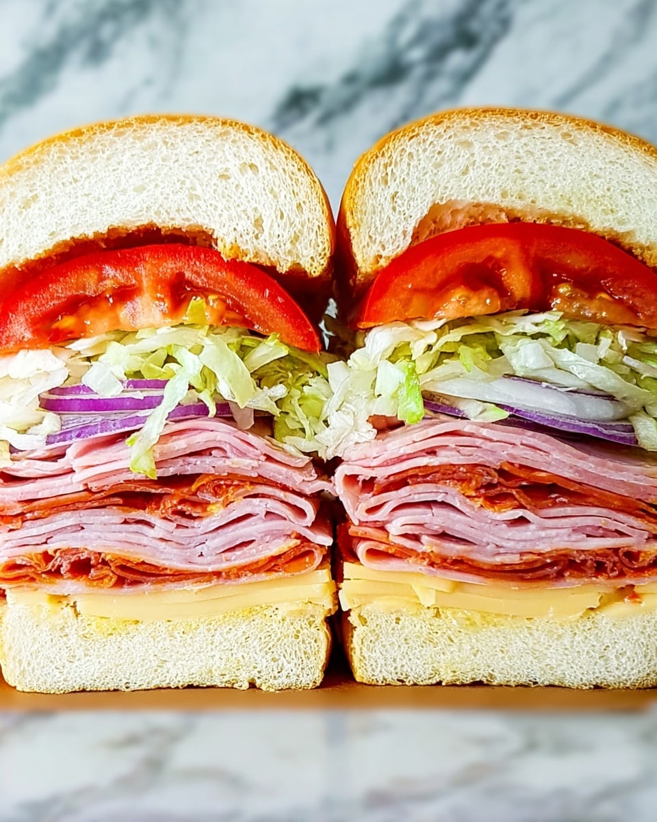 A thick sandwich cut in half and placed side by side on a white marbled surface, each half showing clear layers starting from the bottom with a soft, white sandwich bun followed by a smooth, light yellow cheese layer. Above the cheese are multiple thin layers of pink deli meats with a touch of reddish-orange seasoning. On top of the meats, there is a generous layer of shredded light green lettuce, then thin rings of pale purple onion, and two thick, bright red tomato slices at the top. The sandwich is finished with the top part of the white sandwich bun. photo taken with an iphone --ar 4:5 --v 7