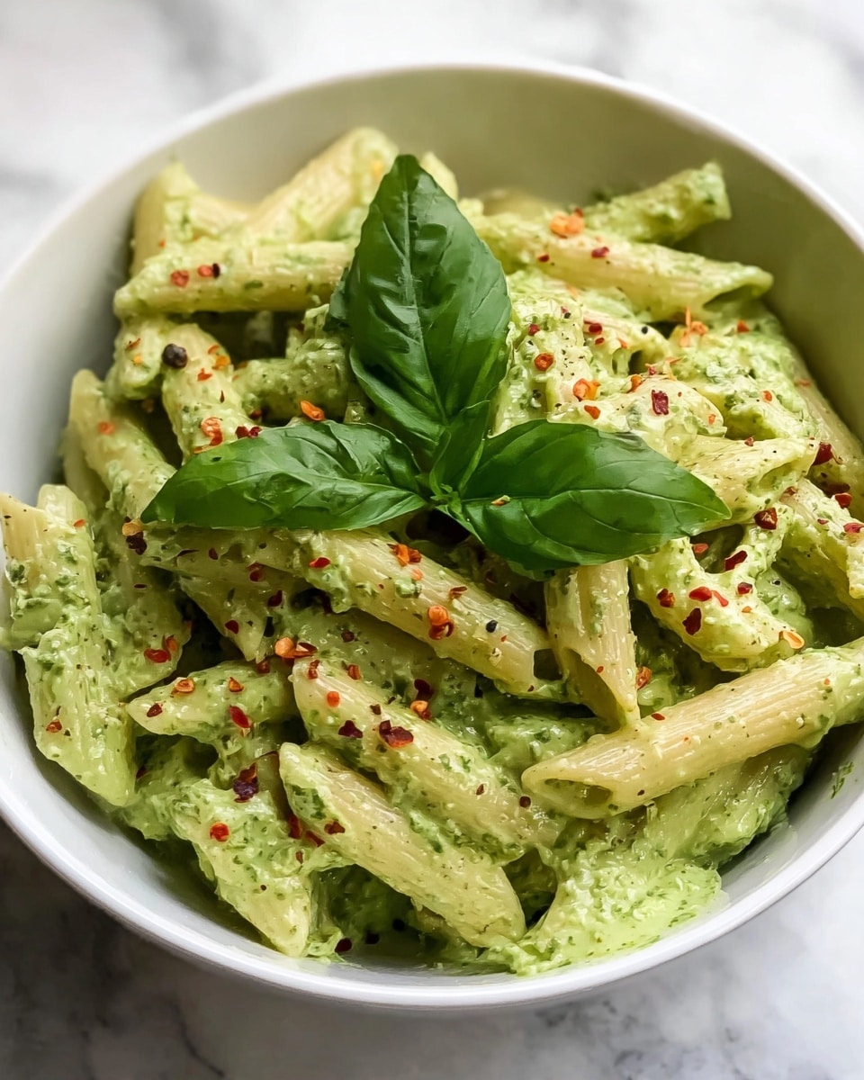 A white bowl filled with penne pasta coated in a creamy green sauce, likely pesto, with the sauce thickly covering many pasta pieces while some pasta remain lightly coated. The dish is topped with two fresh, dark green basil leaves placed in the center, adding a fresh touch. Light red specks, possibly paprika or chili powder, are sprinkled gently over the pasta, giving a hint of color contrast. The bowl is set on a white marbled surface, enhancing the fresh and clean look of the meal. Photo taken with an iphone --ar 4:5 --v 7