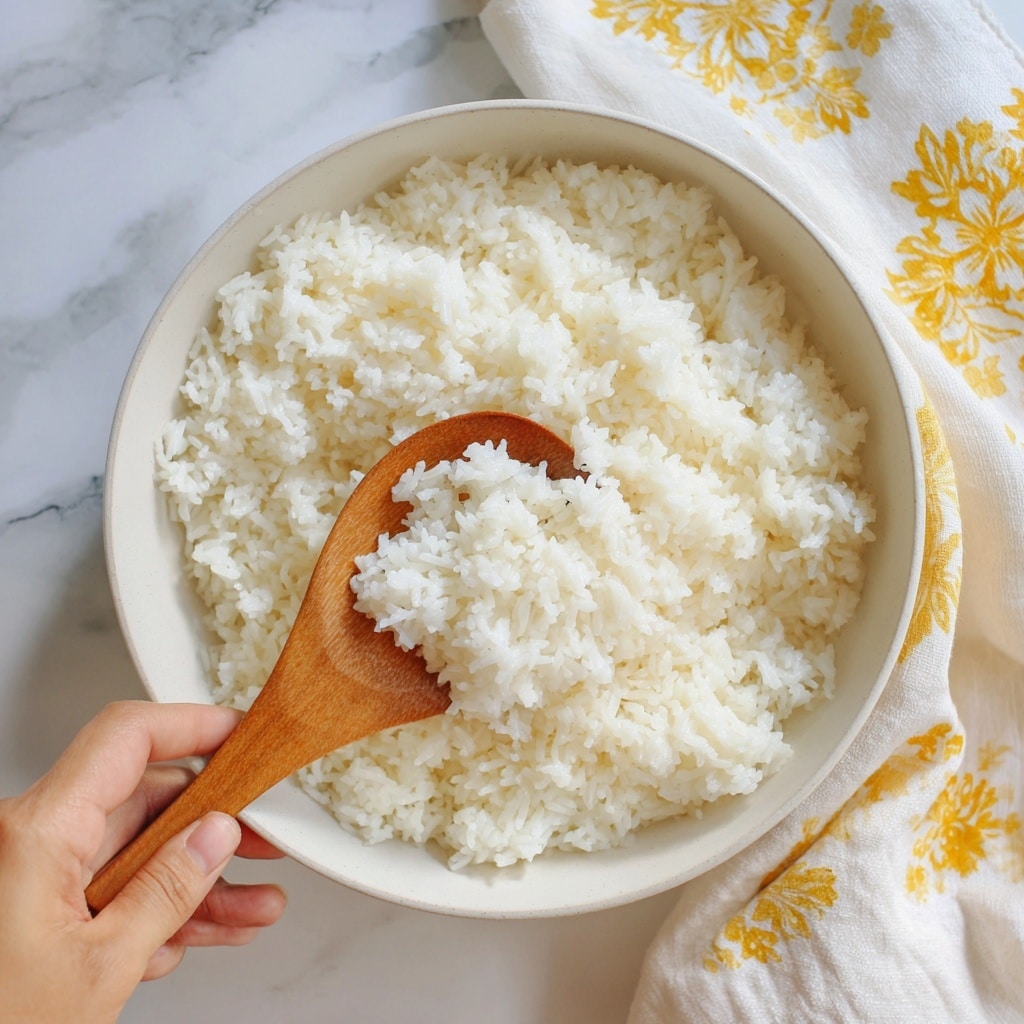 A white bowl is filled with a thick layer of fluffy white cooked rice, each grain slightly separated yet soft-looking. Resting on top of the rice is a smooth-textured wooden spoon with a warm brown color, partially submerged in the rice. The bowl sits on a white marbled surface, partially covered by a white cloth with green floral patterns scattered across it. The overall scene is bright and clean, emphasizing the simple texture and color of the rice. photo taken with an iphone --ar 4:5 --v 7