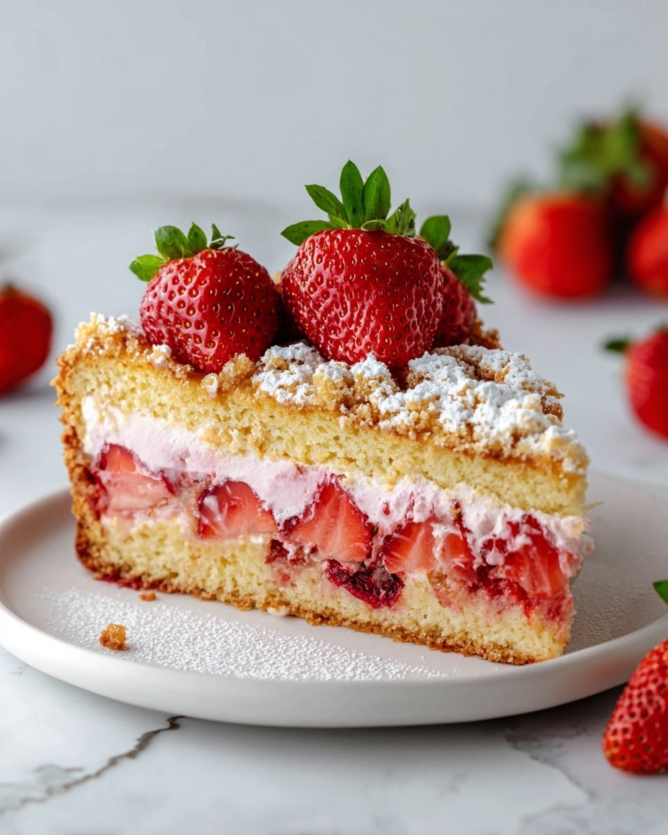 A round, golden brown cake in a silver baking pan sits on a white marbled surface. The cake has a textured top with baked uneven edges and is studded with fresh, bright red strawberry pieces that are partially sunk into the light yellow cake batter. Each strawberry piece shows its juicy inner flesh and vibrant seeds, contrasting with the soft, crumbly cake layer. To the left, a white bowl with whole strawberries is partly visible, adding to the fresh feel. A gray cloth and pink-toned chopsticks lie blurred in the background. photo taken with an iphone --ar 4:5 --v 7