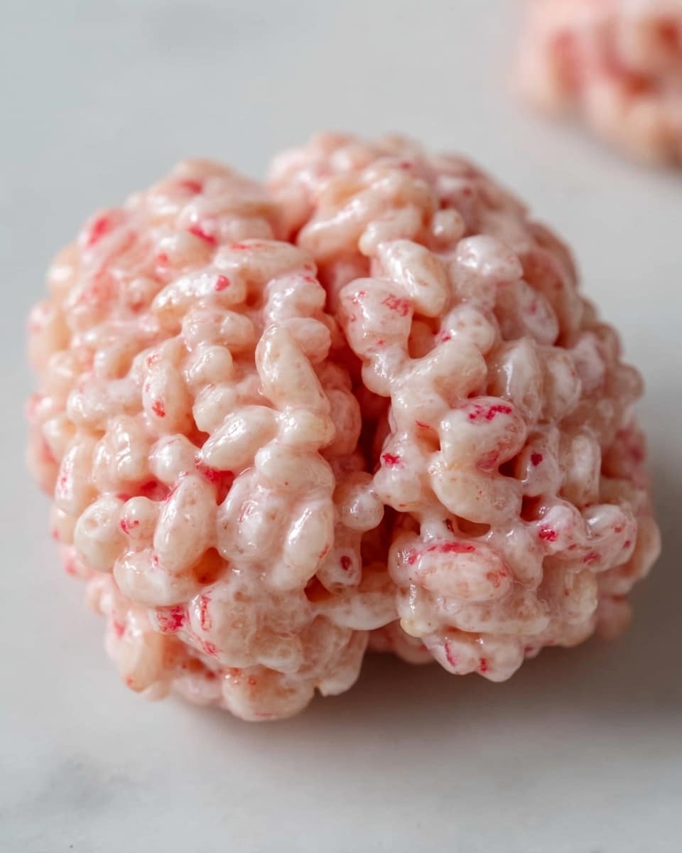 A close-up of a single pinkish rice cereal treat shaped like a brain with a deep curved line running down the center, showing the textured layers of puffed rice coated in a glossy, pale pink mixture with small red streaks scattered throughout, sitting on a white marbled surface with soft light highlighting the shiny, sticky texture. photo taken with an iphone --ar 4:5 --v 7