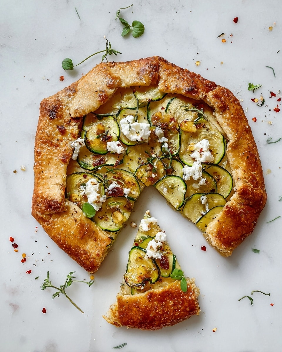 A small round galette with a thick, golden-brown crust folded around the edges is placed on a white marbled surface. Inside, there are thin, pale green zucchini slices arranged in overlapping layers creating a circular pattern. Scattered on top are small dollops of white cheese, some toasted brown spots, and tiny green herb leaves for garnish. A single triangular slice is cut and slightly pulled out from the bottom right, showing the soft texture of the crust and the layers of zucchini and cheese inside. Small herb sprigs and red pepper flakes are sprinkled around the galette. photo taken with an iphone --ar 4:5 --v 7