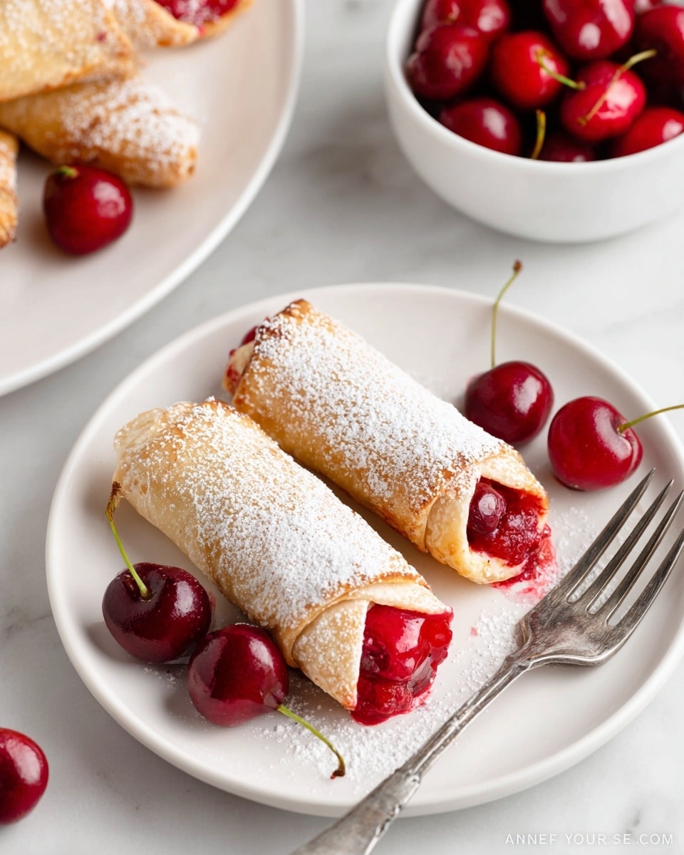 The image shows two golden brown pastry rolls dusted with powdered sugar on a small white plate. Each roll reveals a bright red cherry filling peeking out from the ends. Two shiny cherries with stems rest beside the pastries on the plate. A silver fork lies diagonally across the plate. In the background, part of a larger white plate with more pastries is visible, along with a white bowl filled with glossy red cherries, all set against a white marbled surface. photo taken with an iphone --ar 4:5 --v 7