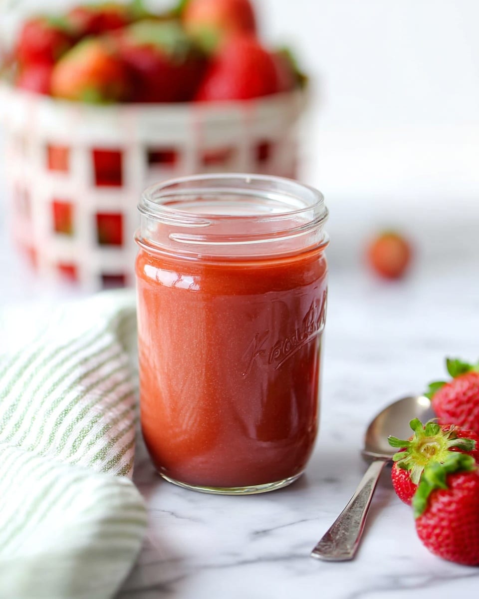 The image shows a glass jar filled with smooth, thick reddish-pink strawberry sauce standing on a white marbled surface. Behind the jar, there is a blurred white basket full of red strawberries, and a few fresh strawberries with green leaves are scattered on the surface to the right. A silver spoon rests near the jar on the right side. A white cloth with green stripes is slightly visible under the jar on the left side. The scene is bright and fresh, with soft natural light highlighting the shiny texture of the sauce. photo taken with an iphone --ar 4:5 --v 7