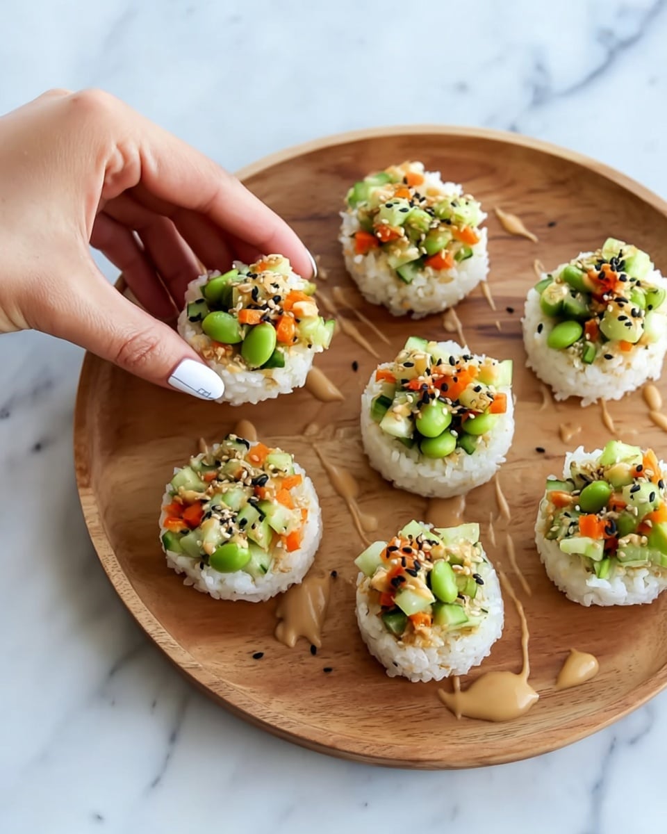Seven small round sushi cups made from white rice form the base and hold a colorful mix of chopped green edamame, small orange carrot pieces, and pale green cucumber chunks sprinkled with tiny black sesame seeds. The sushi cups are arranged on a round wooden plate with a few drizzles of light brown sauce around them. A woman's hand with pale skin and white nail polish is gently picking up one of the sushi cups. The setting is on a surface with a white marbled texture. photo taken with an iphone --ar 4:5 --v 7
