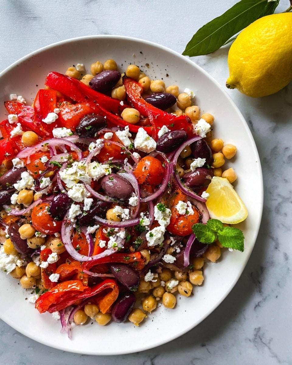 A fresh salad is served on a white plate placed on a white marbled surface, topped with beige chickpeas forming the base layer. Scattered throughout are sliced dark purple olives and thin strips of red onion adding texture. On top, bright red roasted bell peppers and halved cherry tomatoes create vibrant pops of color. Crumbled white feta cheese is spread unevenly over the salad with a small lemon wedge resting near the edge. A small green herb leaf adds a final touch near the center. In the background, a whole yellow lemon with its green leaf is partly visible. Photo taken with an iphone --ar 4:5 --v 7