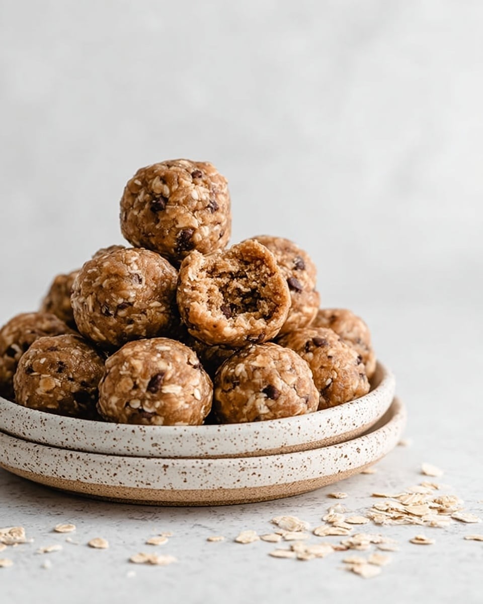 A pile of round energy balls sits on two stacked white ceramic plates with a natural, speckled texture. Each ball is light brown with visible oat flakes and small dark chocolate bits mixed throughout, showing a rough and chunky texture. One ball near the top center is bitten in half, revealing a dense and chewy inside filled with oats and nut pieces. The plates rest on a white marbled surface scattered lightly with a few loose oat flakes, creating a simple and clean setting. photo taken with an iphone --ar 4:5 --v 7