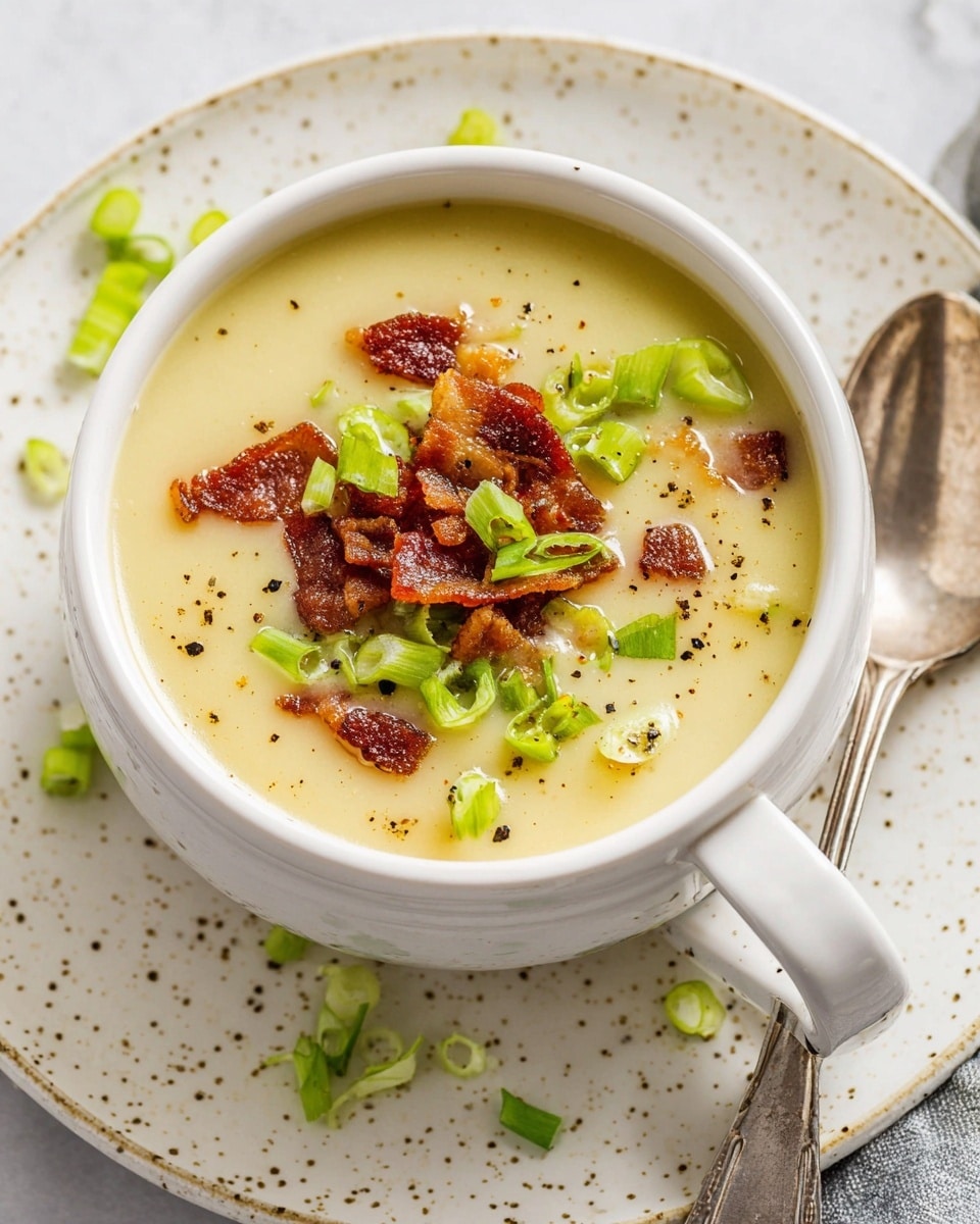 A white bowl filled with creamy, light yellow soup topped with crispy brown bacon pieces and bright green chopped scallions, with a sprinkle of black pepper on the soup’s surface. The bowl has a handle on the right side and sits on a white speckled plate, placed over a white marbled texture. Some scallion pieces are scattered around the plate, and a silver spoon rests inside the bowl’s right side. photo taken with an iphone --ar 4:5 --v 7