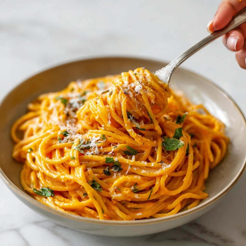 A close-up of a pan full of spaghetti coated in a creamy orange-red sauce, mixed evenly with finely chopped fresh green herbs scattered throughout the noodles. On top, there is a generous dusting of white grated cheese falling from above, adding a light powdery layer. The pan is metallic and sits on a smooth white marbled surface, with sauce residue visible on the sides inside the pan. photo taken with an iphone --ar 4:5 --v 7