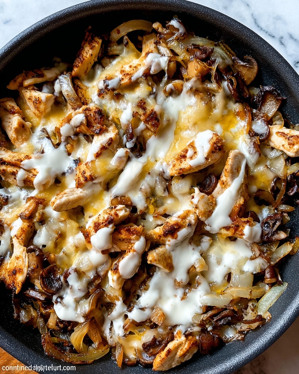 The image shows a close-up of a cooked dish in a black pan filled with three main layers: the bottom layer consists of sautéed dark brown mushrooms and translucent cooked onion slices, the middle layer is grilled light brown chicken pieces cut into strips, and the top layer has melted white and yellow cheese drizzled unevenly across the dish, creating a creamy texture. The pan is set on a white marbled surface that contrasts with the warm colors of the food. photo taken with an iphone --ar 4:5 --v 7