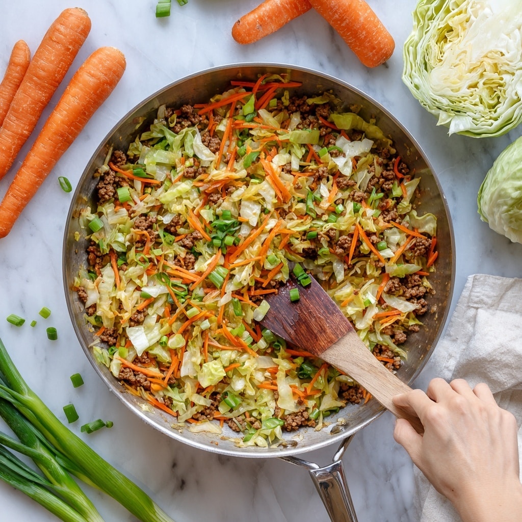 A large silver pan filled with a colorful stir-fry showing three main layers: the base layer is light green chopped cabbage, mixed with small pieces of cooked ground meat in a middle light brown layer, and topped with thin shredded orange carrots and chopped green onions. A woman's hand holds a spatula with a wooden handle inside the pan toward the bottom right, mixing the ingredients. Around the pan, there are whole carrots, green onions, and scattered cabbage on a white marbled surface. photo taken with an iphone --ar 4:5 --v 7
