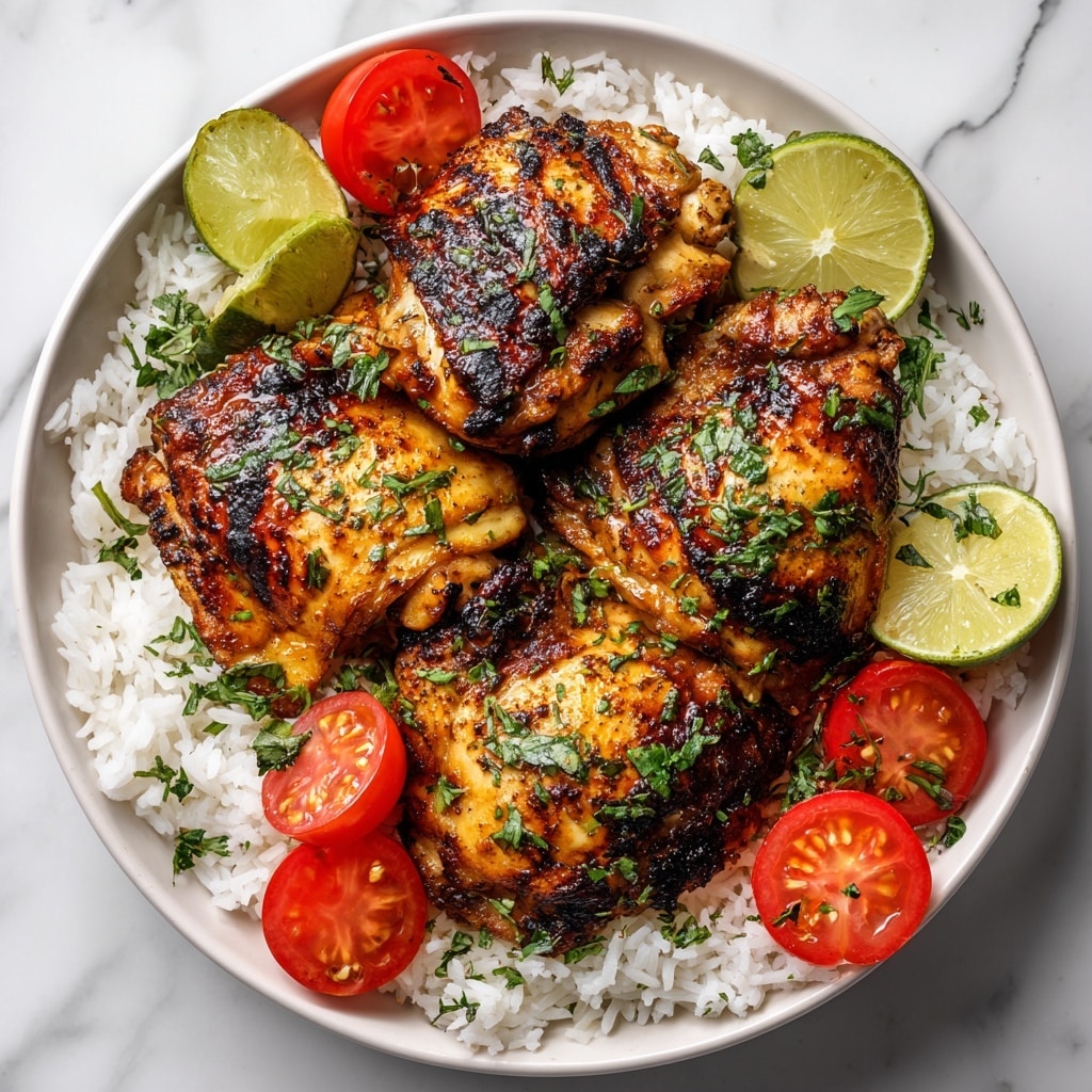 The image shows a dish with four thick pieces of grilled chicken breast placed over a bed of fluffy white rice in a white bowl. The chicken is golden brown with a slightly charred texture, speckled with black pepper and tiny green herb pieces sprinkled on top. Bright green lime wedges and small red cherry tomatoes are arranged around the chicken and rice, adding pops of color. The bowl sits on a white marbled surface, enhancing the contrast of the food colors. The close-up view captures the juicy and textured look of the grilled chicken and the softness of the rice in detail. photo taken with an iphone --ar 4:5 --v 7