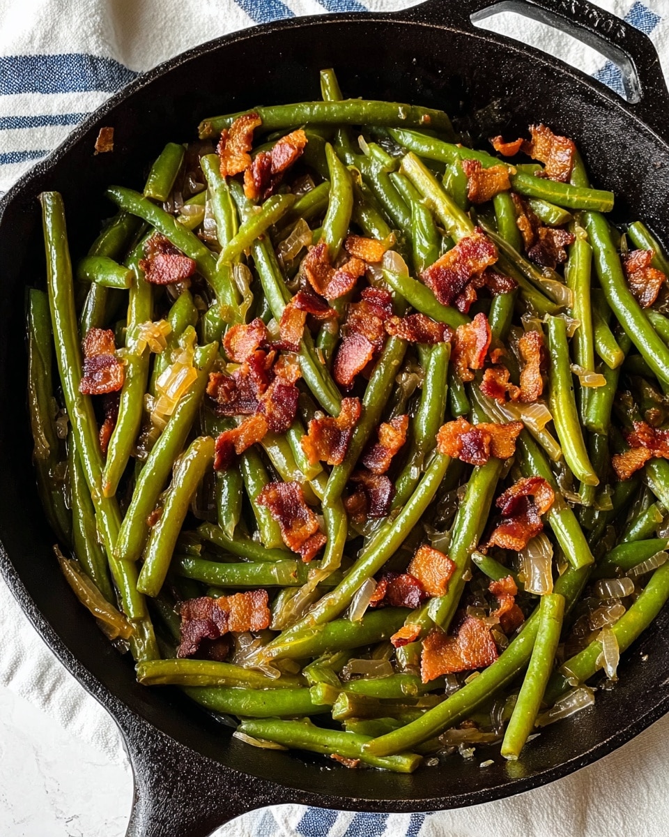 A close-up view of a black cast iron pan filled with a dish of green beans and small pieces of crispy bacon mixed with caramelized onions. The green beans are glossy and vibrant green, layered evenly across the pan with some golden-brown crispy bacon bits and soft cooked onions scattered throughout. A wooden spoon inside the pan lifts a portion of the green beans, showing their smooth texture and fresh look. The pan sits on a white marbled surface, with part of a white cloth with blue stripes visible under the pan's handle. Photo taken with an iphone --ar 4:5 --v 7
