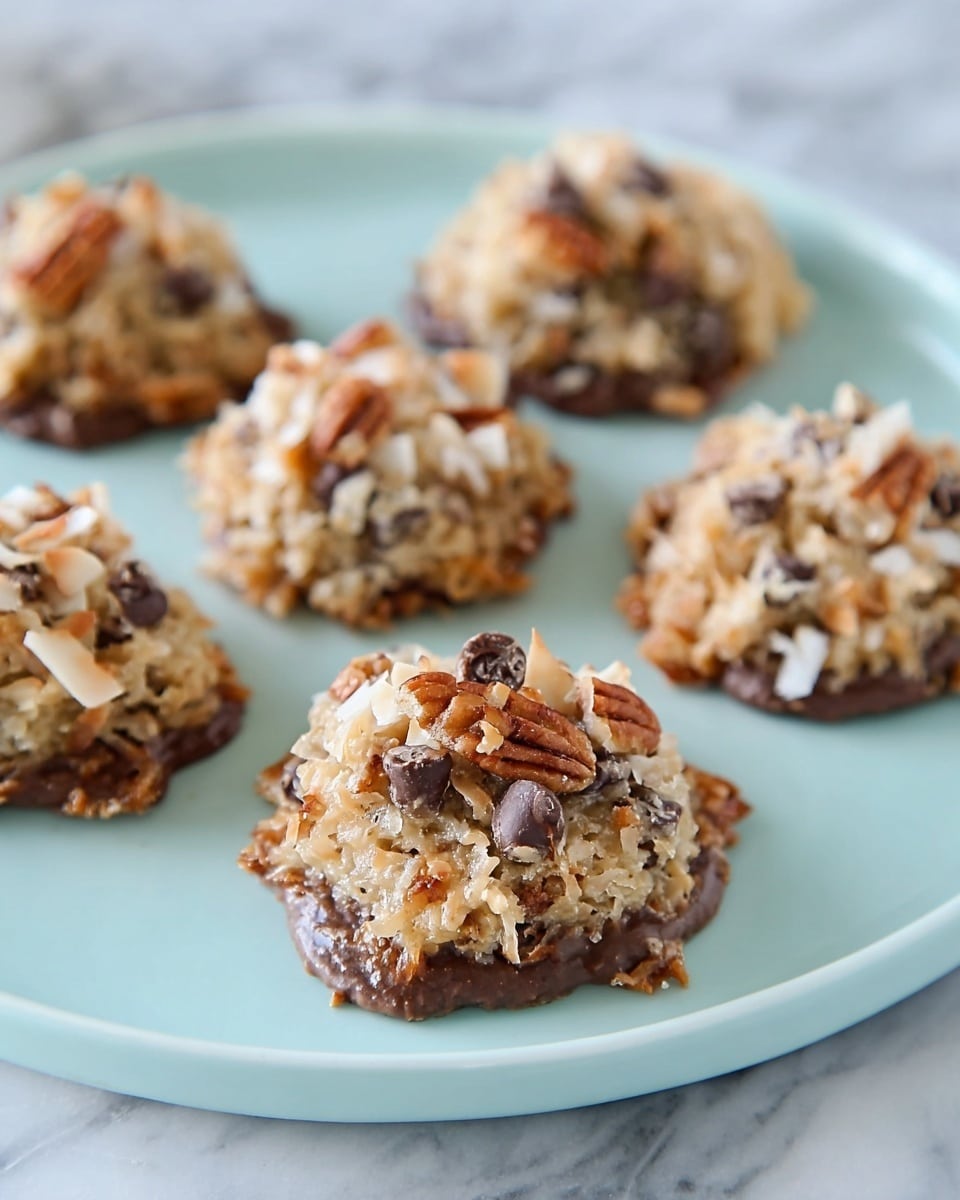 The image shows six small mounds of cookies placed on a white plate with a smooth finish. Each cookie has a soft, brown base, topped with a mix of shredded light-colored coconut flakes, dark chocolate chips, and pieces of whole pecans, creating a textured, crunchy layer. The cookies look moist and chewy with a contrast between the soft base and crisp topping. The background features a white marbled surface that adds a clean and elegant touch to the setting. photo taken with an iphone --ar 4:5 --v 7